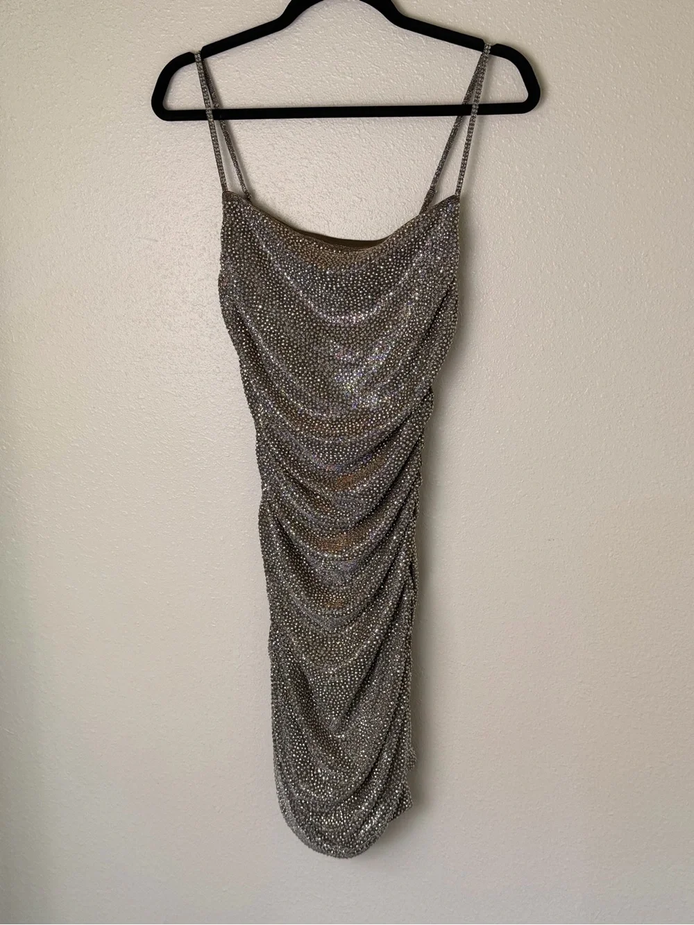 NWT AKIRA Silver Rhinestone Ruched Mini Dress - Picture 7 of 8